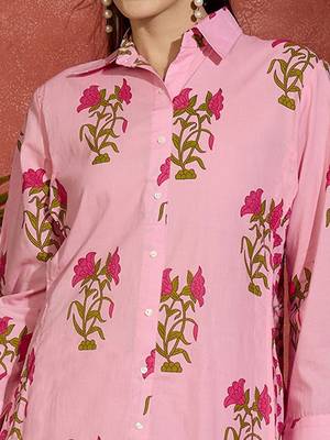 Floral Printed Shirt Collar Cotton Straight Kurta With Palazzos 3