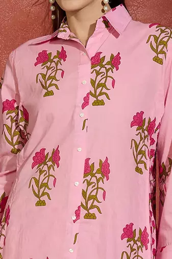 Floral Printed Shirt Collar Cotton Straight Kurta With Palazzos