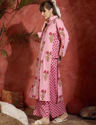 Floral Printed Shirt Collar Cotton Straight Kurta With Palazzos 4