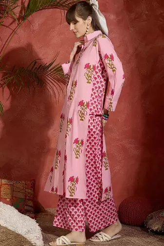 Floral Printed Shirt Collar Cotton Straight Kurta With Palazzos