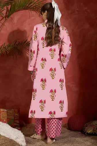 Floral Printed Shirt Collar Cotton Straight Kurta With Palazzos