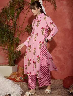 Floral Printed Shirt Collar Cotton Straight Kurta With Palazzos 6