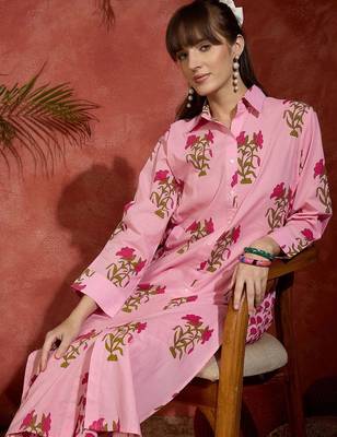 Floral Printed Shirt Collar Cotton Straight Kurta With Palazzos 7