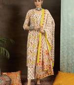 Women Floral Printed Pleated Cotton Kurta with Trousers & With Dupatta