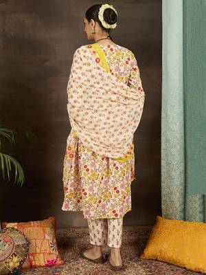 Women Floral Printed Pleated Cotton Kurta with Trousers & With Dupatta 6