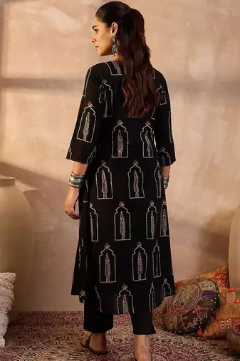 Women Ethnic Motifs Printed Sequinned Cotton Kurta with Trousers