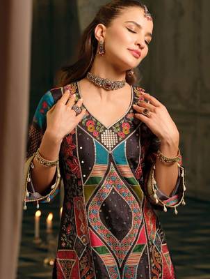 Women Ethnic Motifs Printed Mirror Work Kurta with Palazzos & With Dupatta 2