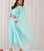 Women Ethnic Motifs Embroidered Thread Work Liva Kurta with Trousers & With Dupatta
