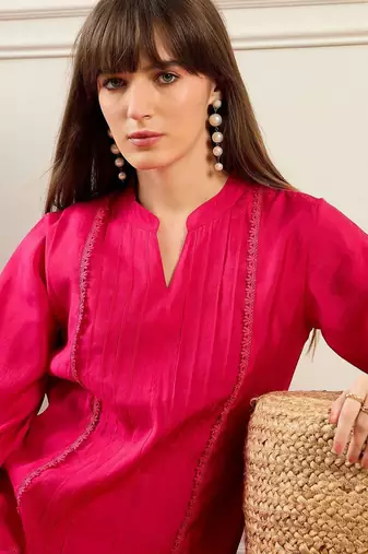 Self Design Mandarin Collar Bell Sleeves Straight Kurta With Trousers