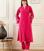 Self Design Mandarin Collar Bell Sleeves Straight Kurta With Trousers