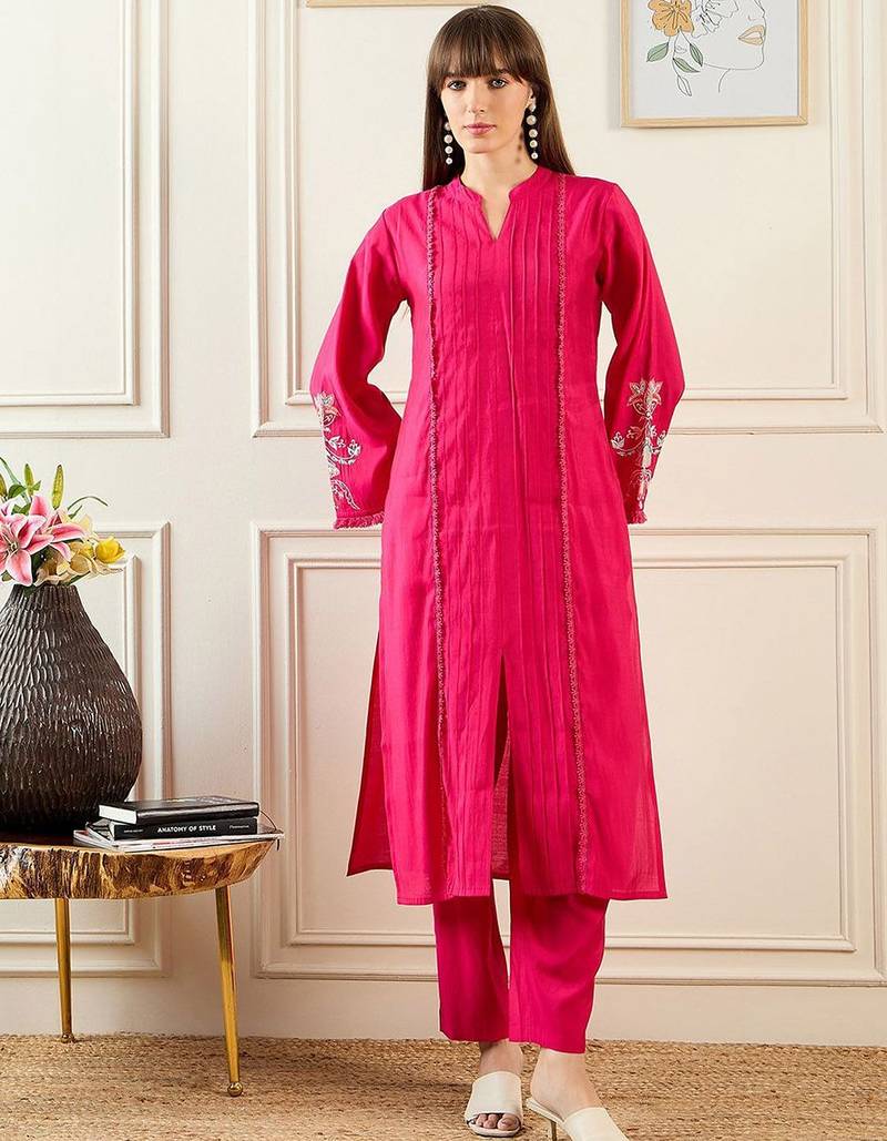 Self Design Mandarin Collar Bell Sleeves Straight Kurta With Trousers