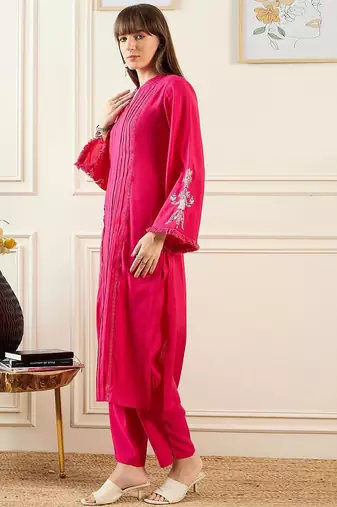 Self Design Mandarin Collar Bell Sleeves Straight Kurta With Trousers