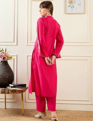 Self Design Mandarin Collar Bell Sleeves Straight Kurta With Trousers 5
