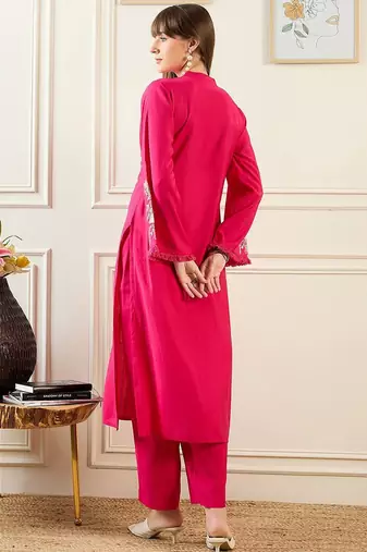 Self Design Mandarin Collar Bell Sleeves Straight Kurta With Trousers
