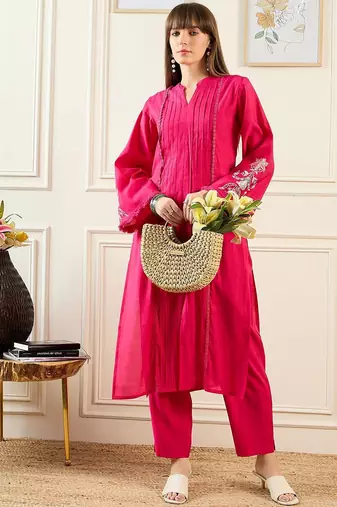 Self Design Mandarin Collar Bell Sleeves Straight Kurta With Trousers