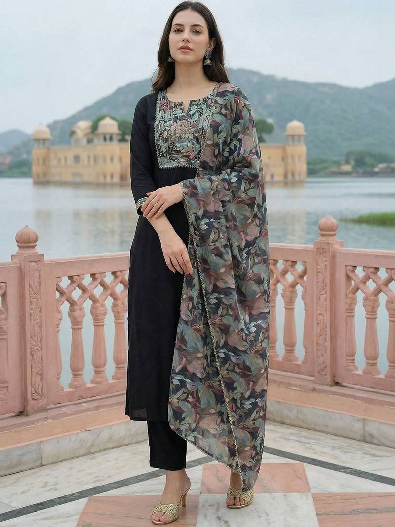 Women Floral Embroidered Thread Work Kurta with Trousers & With Dupatta