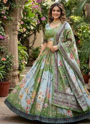 Olive Tabby Silk Blend Digital Print Embroidered Lehenga Choli Set 1