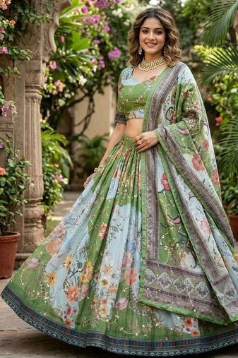 Olive Tabby Silk Blend Digital Print Embroidered Lehenga Choli Set