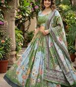 Olive Tabby Silk Blend Digital Print Embroidered Lehenga Choli Set