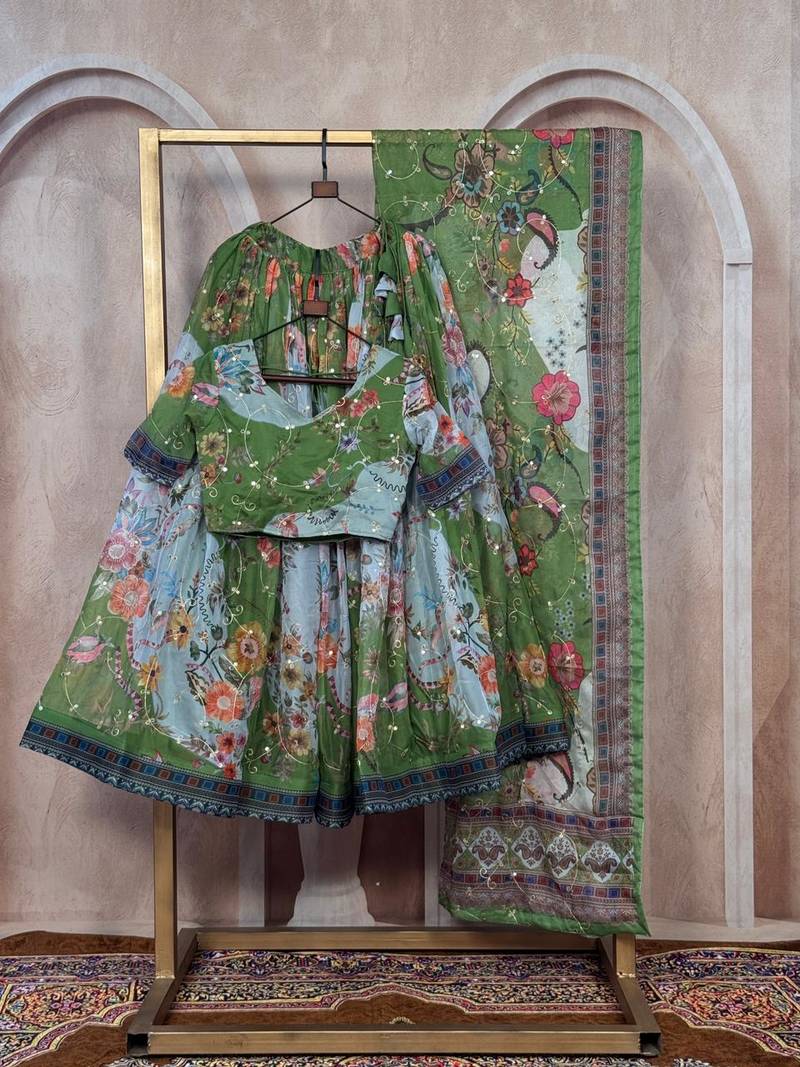 Olive Tabby Silk Blend Digital Print Embroidered Lehenga Choli Set