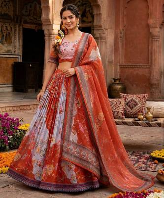 Red Tabby Silk Blend Digital Print Embroidered Lehenga Choli Set 1