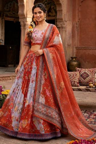 Red Tabby Silk Blend Digital Print Embroidered Lehenga Choli Set