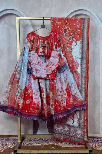 Red Tabby Silk Blend Digital Print Embroidered Lehenga Choli Set