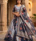 Navy Blue Tabby Silk Blend Digital Print Embroidered Lehenga Choli Set