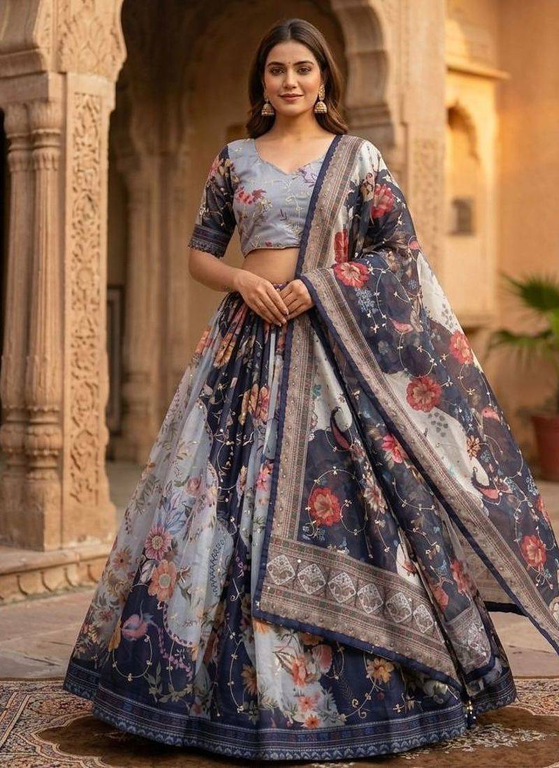 Navy Blue Tabby Silk Blend Digital Print Embroidered Lehenga Choli Set