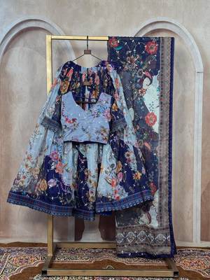 Navy Blue Tabby Silk Blend Digital Print Embroidered Lehenga Choli Set 2