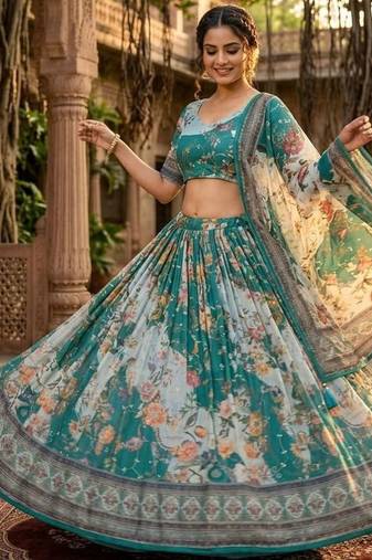 Teal Blue Tabby Silk Blend Digital Print Embroidered Lehenga Choli Set