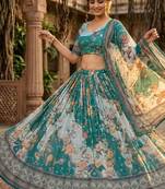 Teal Blue Tabby Silk Blend Digital Print Embroidered Lehenga Choli Set