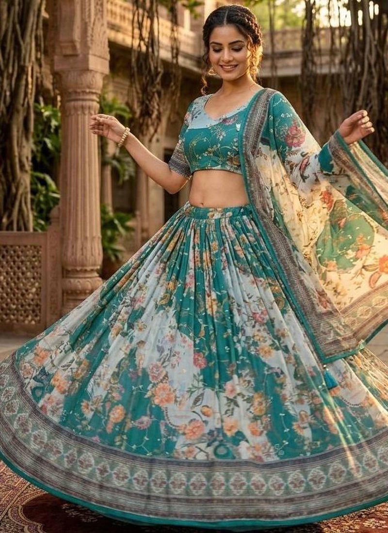 Teal Blue Tabby Silk Blend Digital Print Embroidered Lehenga Choli Set