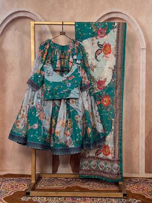 Teal Blue Tabby Silk Blend Digital Print Embroidered Lehenga Choli Set 2
