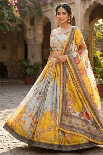 Yellow Tabby Silk Blend Digital Print Embroidered Lehenga Choli Set
