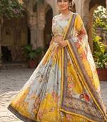 Yellow Tabby Silk Blend Digital Print Embroidered Lehenga Choli Set