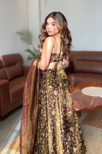 Coffee Brown Embroidered Fandy Silk Lehenga Choli Set