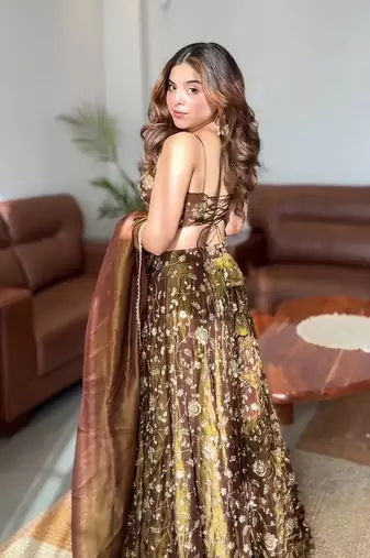 Coffee Brown Embroidered Fandy Silk Lehenga Choli Set