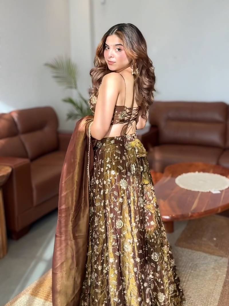 Coffee Brown Embroidered Fandy Silk Lehenga Choli Set