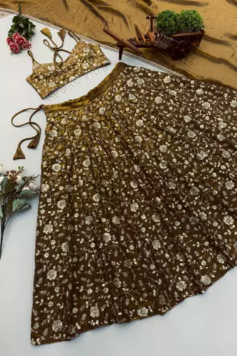Coffee Brown Embroidered Fandy Silk Lehenga Choli Set