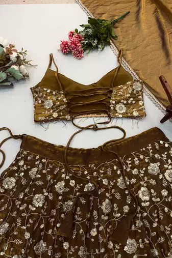 Coffee Brown Embroidered Fandy Silk Lehenga Choli Set