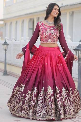 Rani Pink Ombre Embroidered Chinon Wedding Lehenga Choli