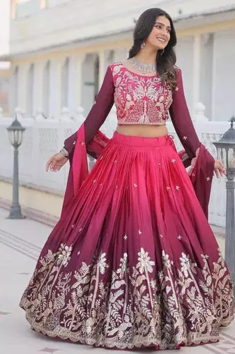 Rani Pink Ombre Embroidered Chinon Wedding Lehenga Choli