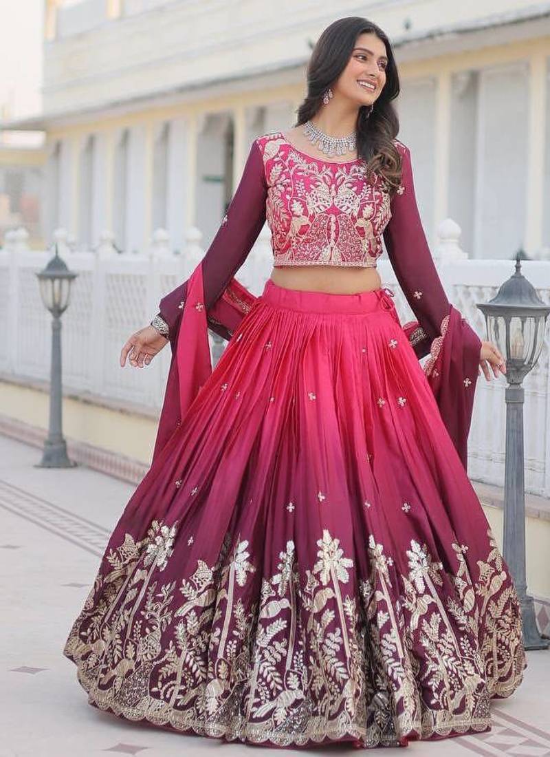 Rani Pink Ombre Embroidered Chinon Wedding Lehenga Choli