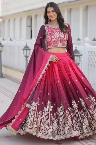 Rani Pink Ombre Embroidered Chinon Wedding Lehenga Choli