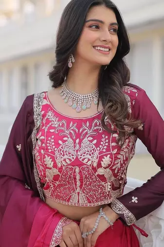 Rani Pink Ombre Embroidered Chinon Wedding Lehenga Choli