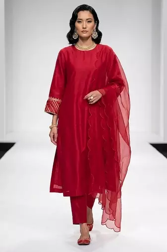 Crimson red embroidered dupion silk kurta set