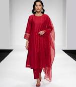 Crimson red embroidered dupion silk kurta set