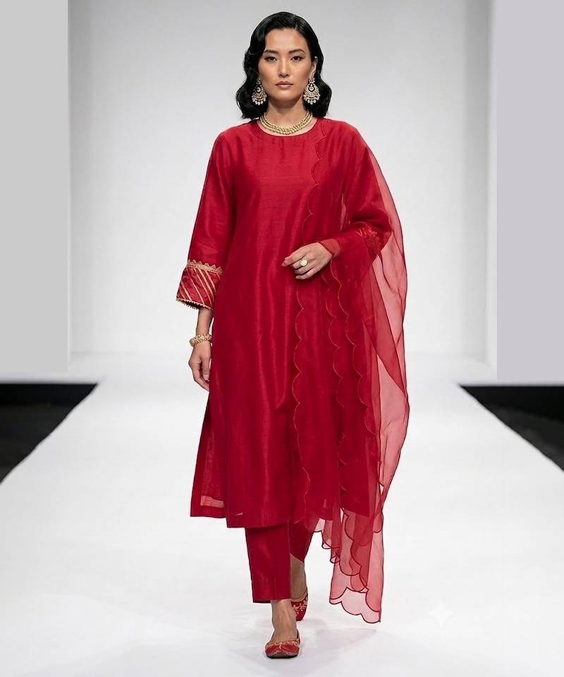 Crimson red embroidered dupion silk kurta set