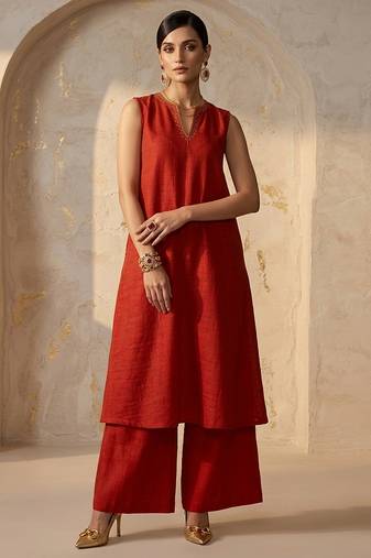 Red embroidered dupion silk co ord set